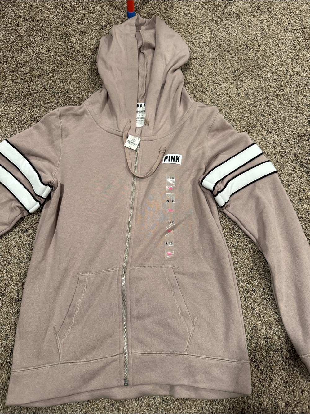 PINK Victoria's Secret Dusty Rose Zip Hoodie with Striped Sleeve Detail